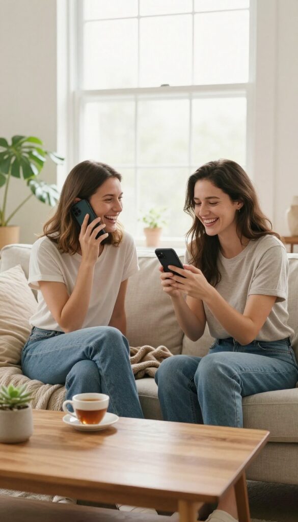 Two friends laughing on a sofa, one on a phone call, in a bright cozy living room