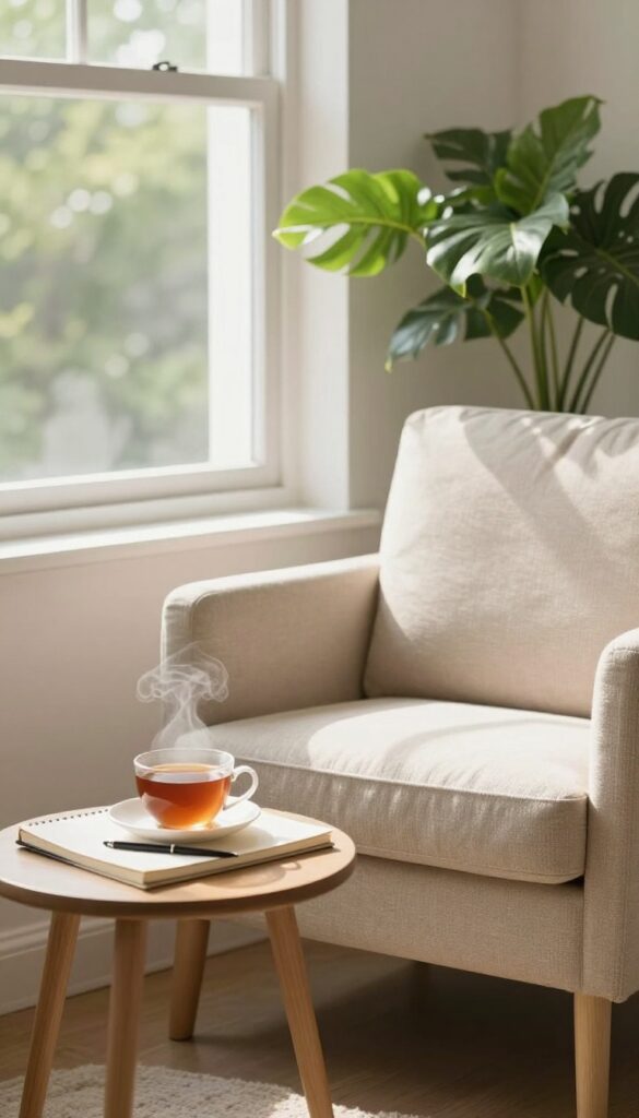 A quiet morning corner with a chair, tea, and journal for a self-care check-in