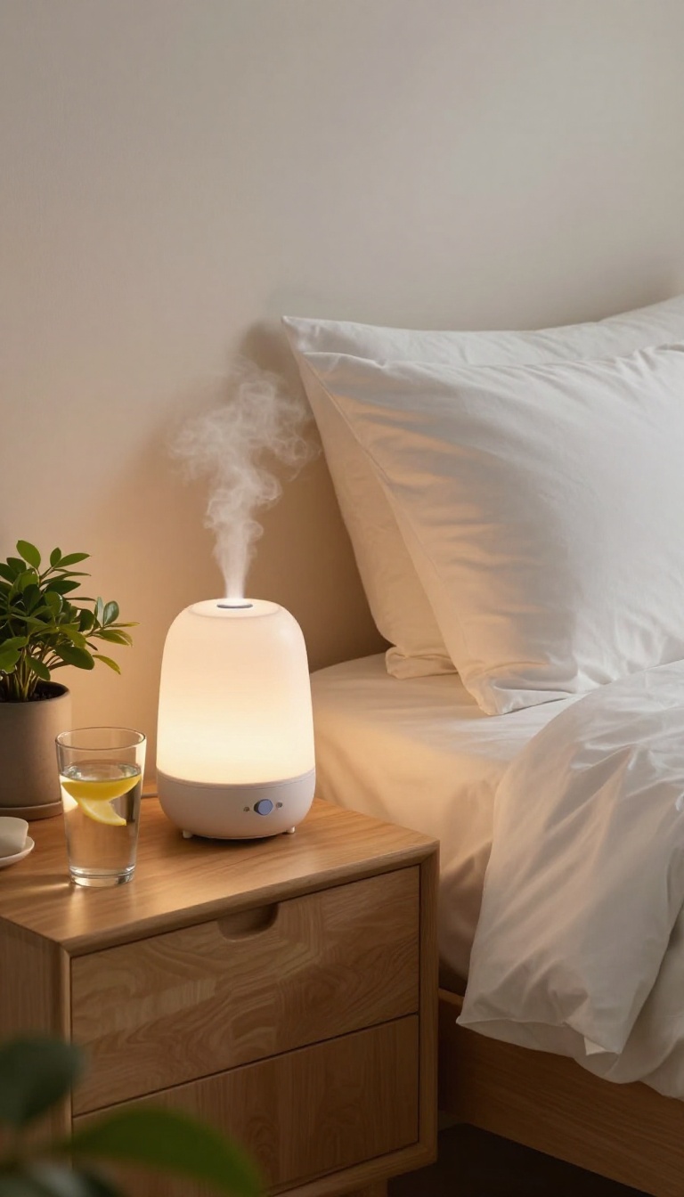 A glass of water with lemon and a humidifier on a nightstand in a peaceful bedroom, symbolizing overnight hydration for glowing skin.