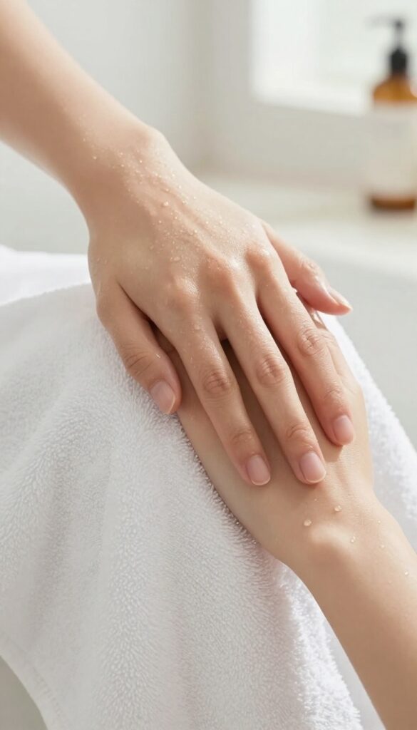 Person patting skin dry with a soft white towel after a shower, leaving skin slightly damp for better moisturizer absorption.