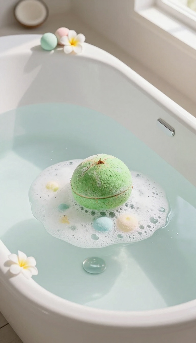 Coconut bath bombs fizzing in a bathtub with tropical accents