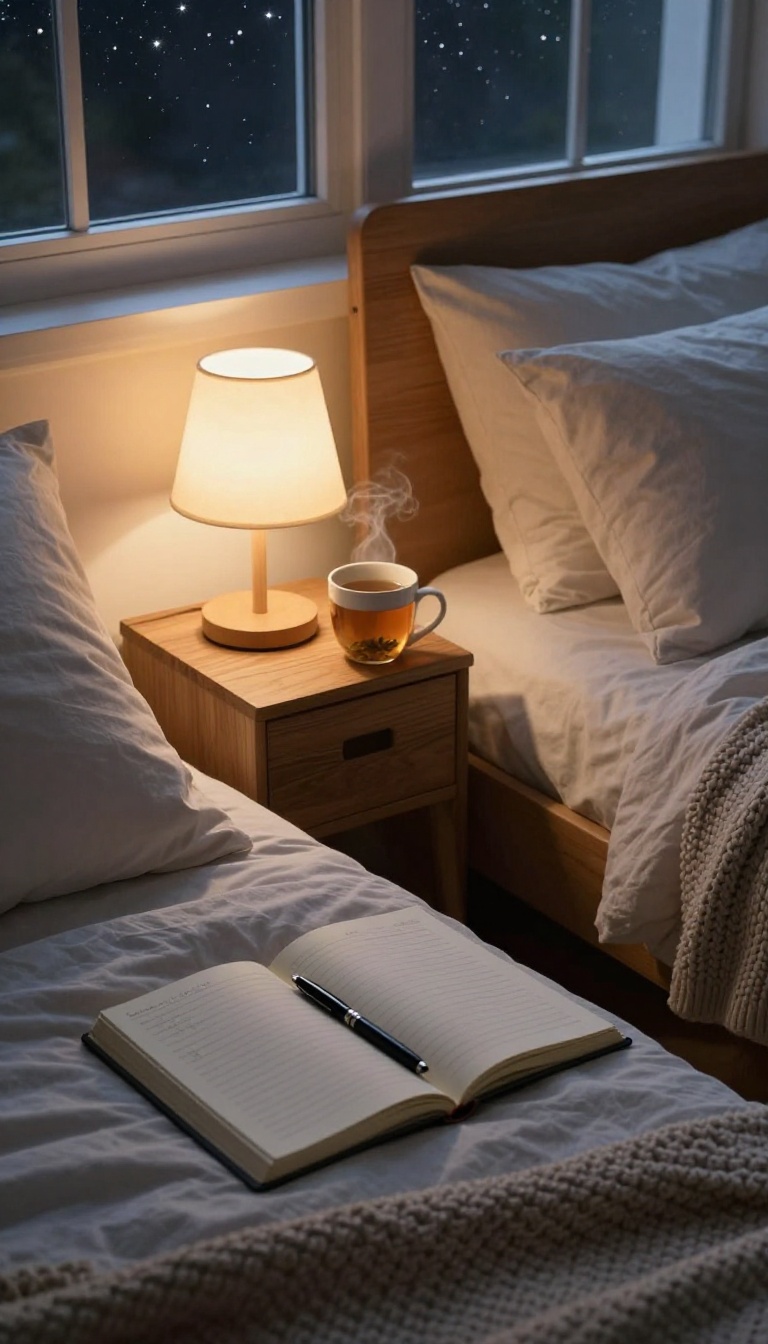 A cozy bedroom at night with a journal, pen, and tea on a nightstand, evoking a peaceful gratitude practice.