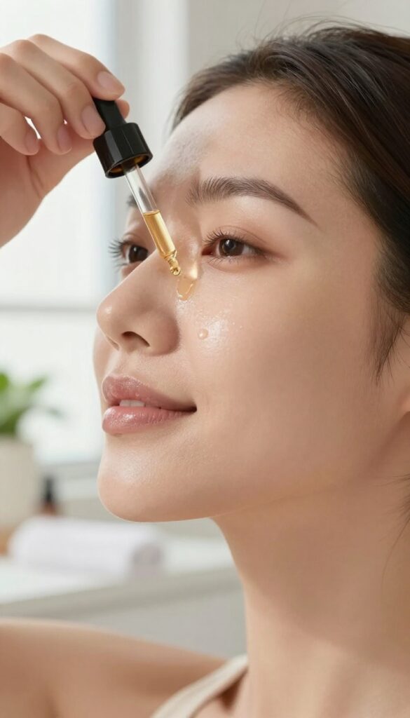 Woman applying vitamin C serum to her glowing skin with a dropper bottle