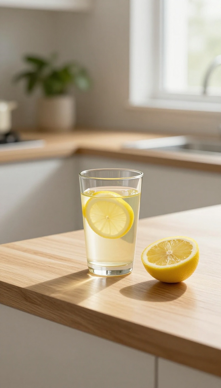 A glass of warm lemon water on a kitchen counter in bright morning light, with a lemon slice and soft blurred background.