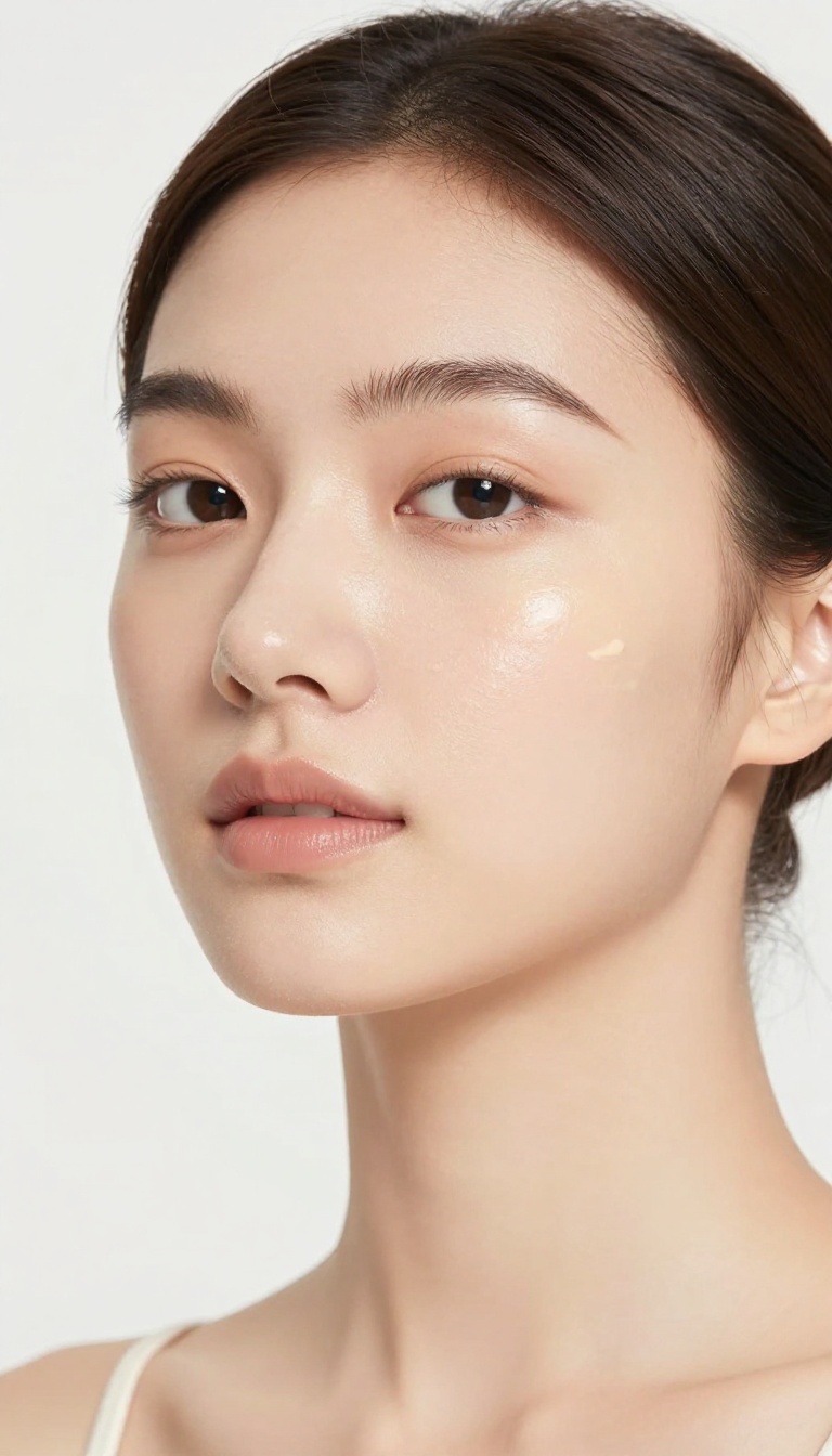 Woman with no-makeup glow, dewy skin, natural radiant finish