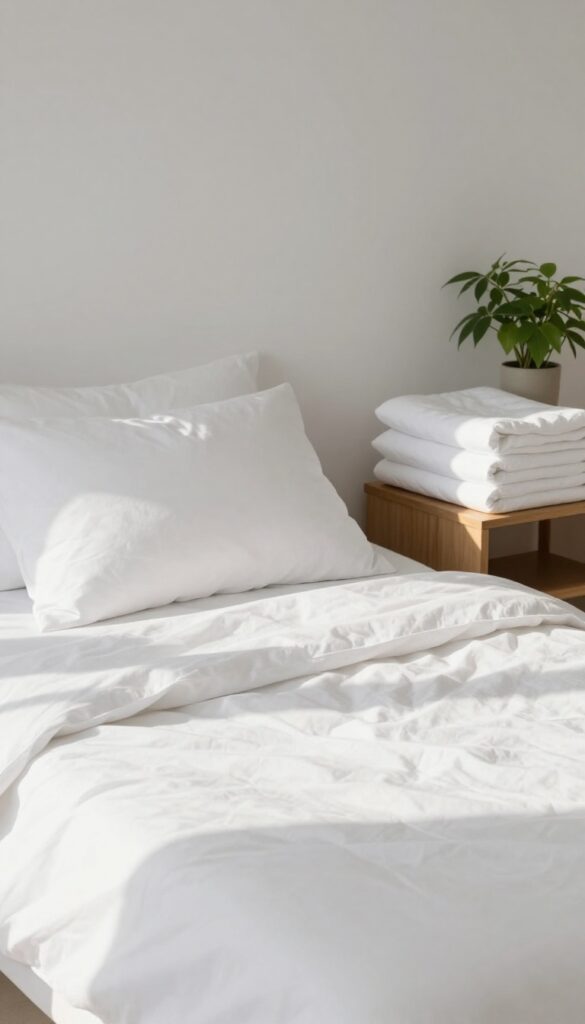 Fresh white pillowcase on a neatly made bed in a bright, sunlit bedroom with a stack of clean pillowcases nearby.