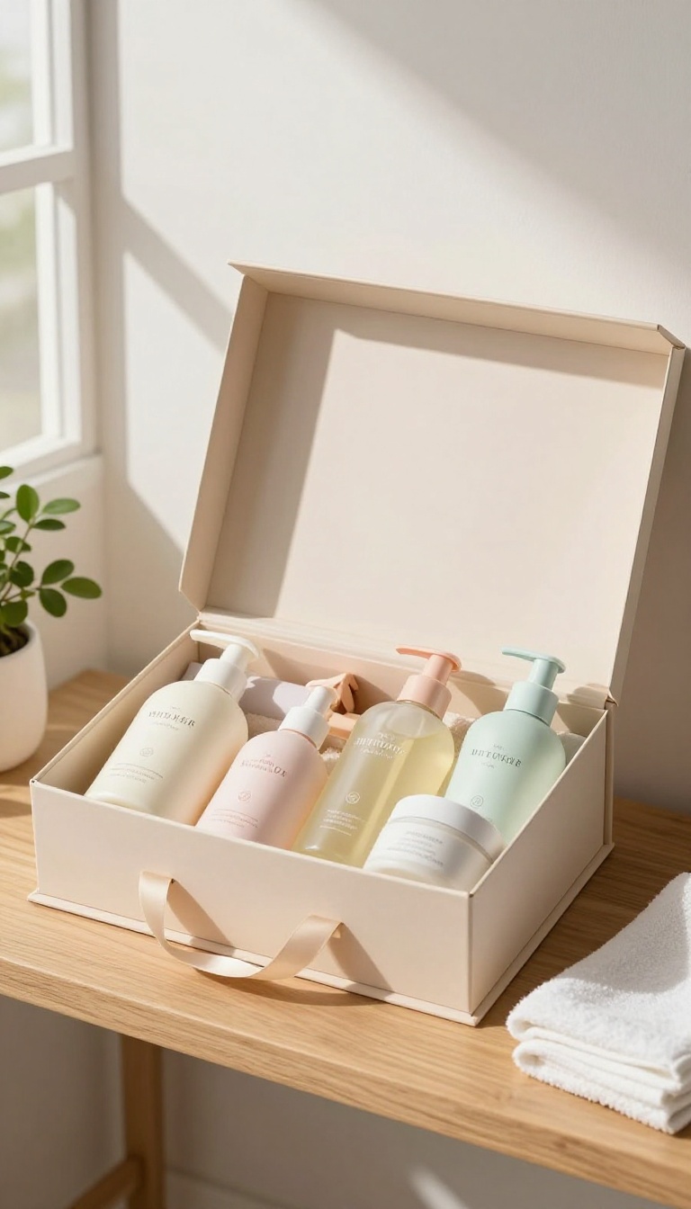 Open body care gift set in a decorative box on a bathroom shelf with natural light