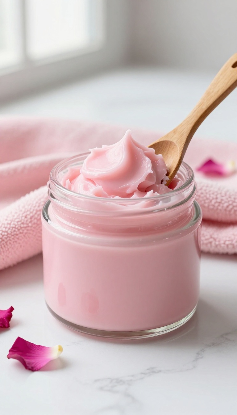 Whipped pink shea butter in a glass jar with a wooden scoop on a marble surface