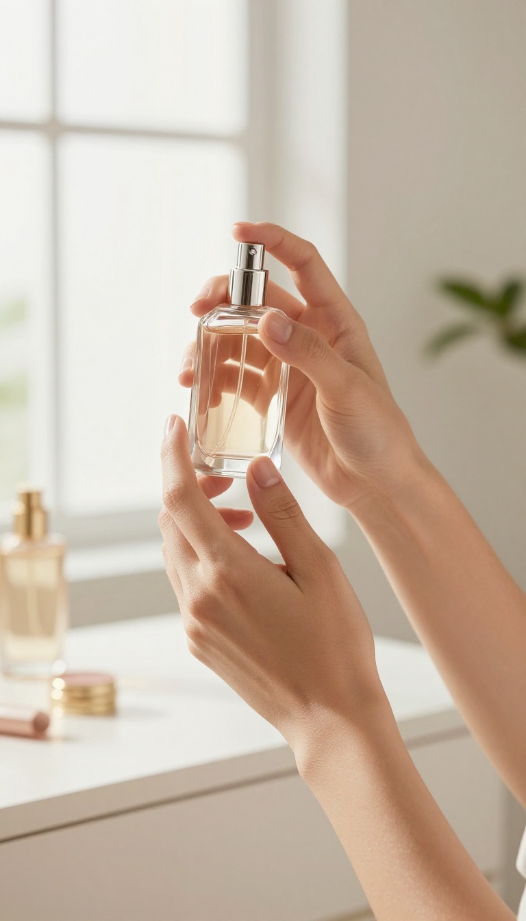 Woman applying perfume to her neck in bright natural light, symbolizing confidence and self-care.