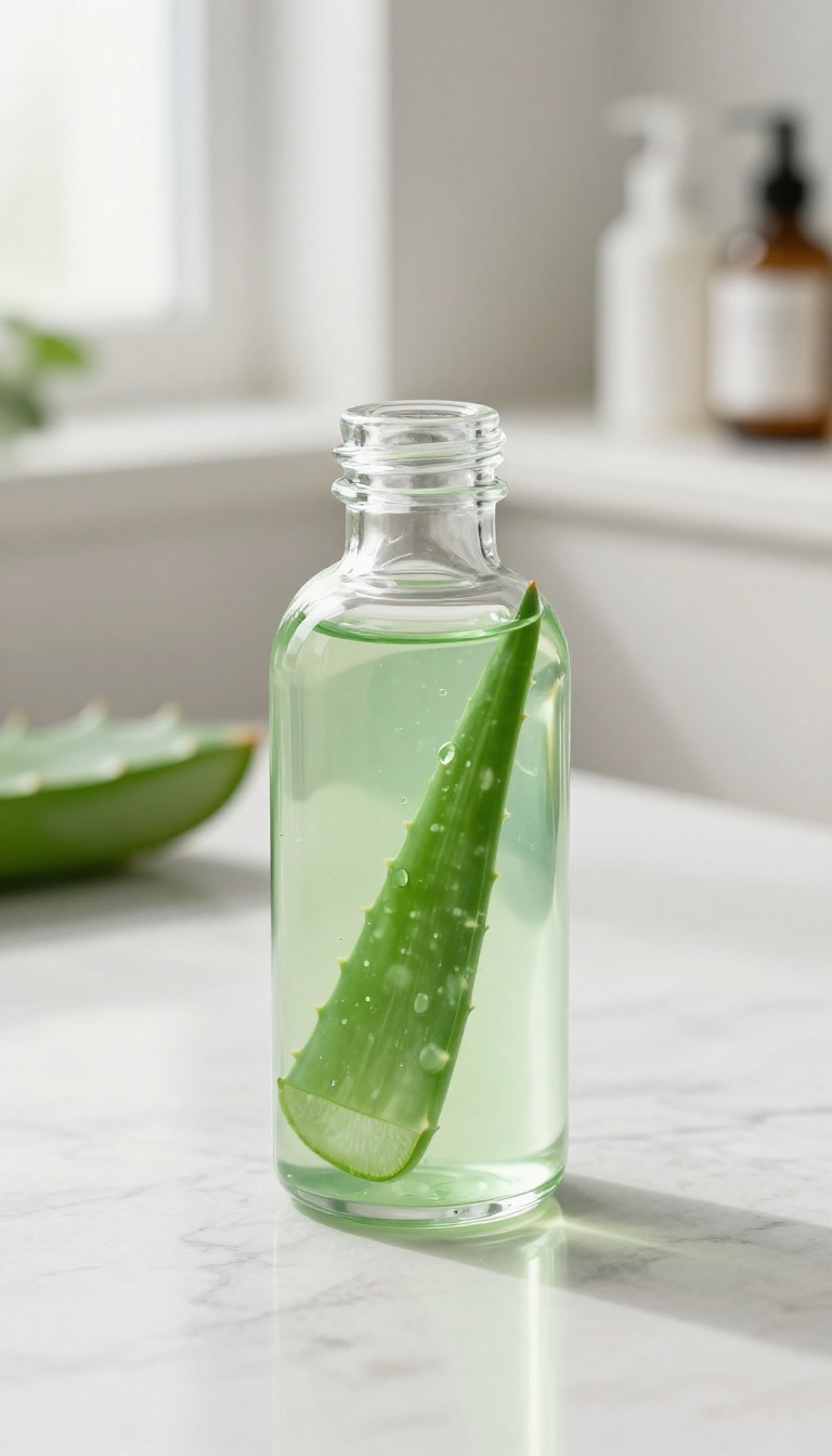 A clear glass bottle of aloe vera gel beside a fresh aloe leaf on a marble counter in bright natural light