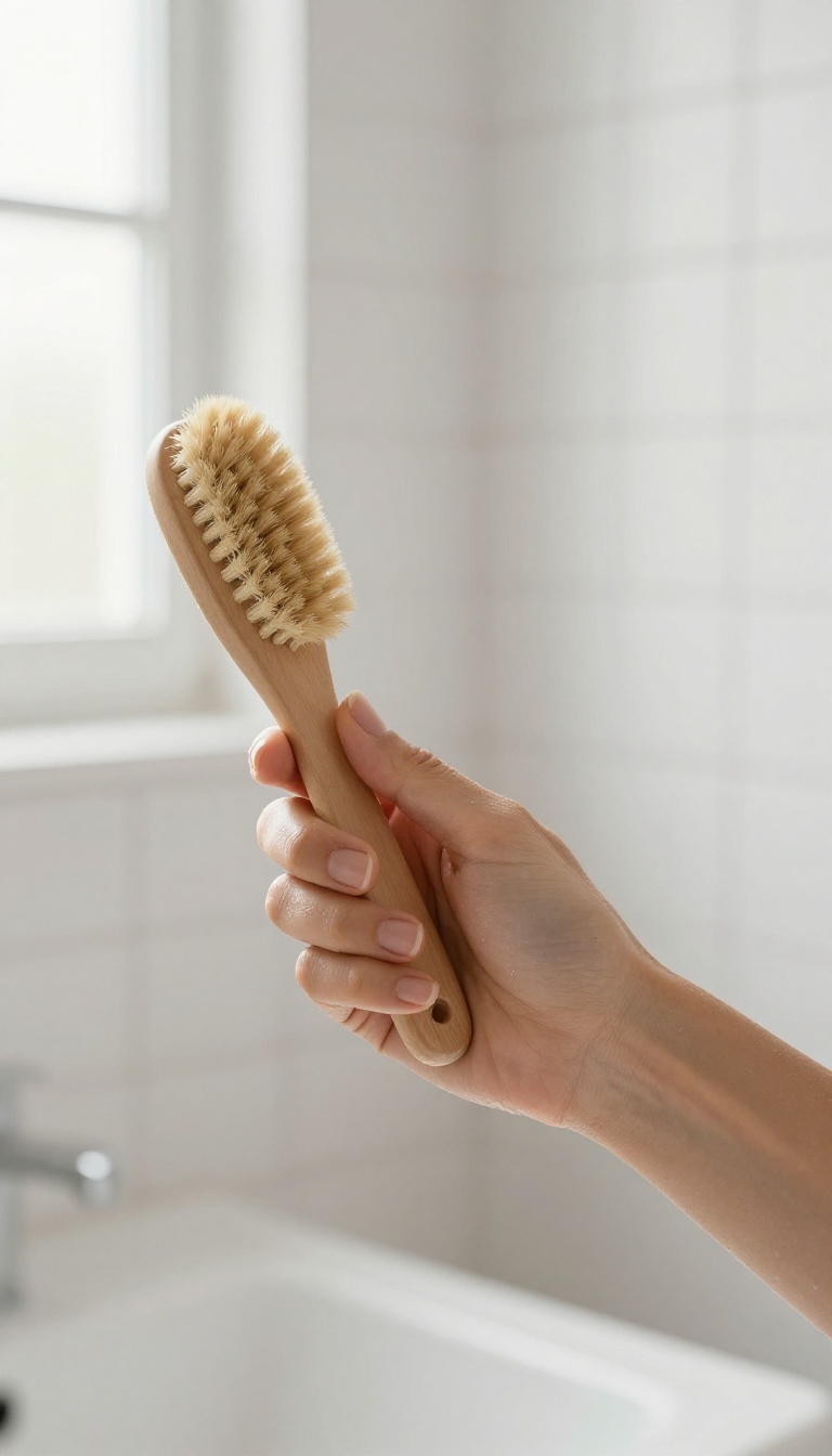 Woman dry brushing her arm with a natural-bristle brush in a bright bathroom before a shower