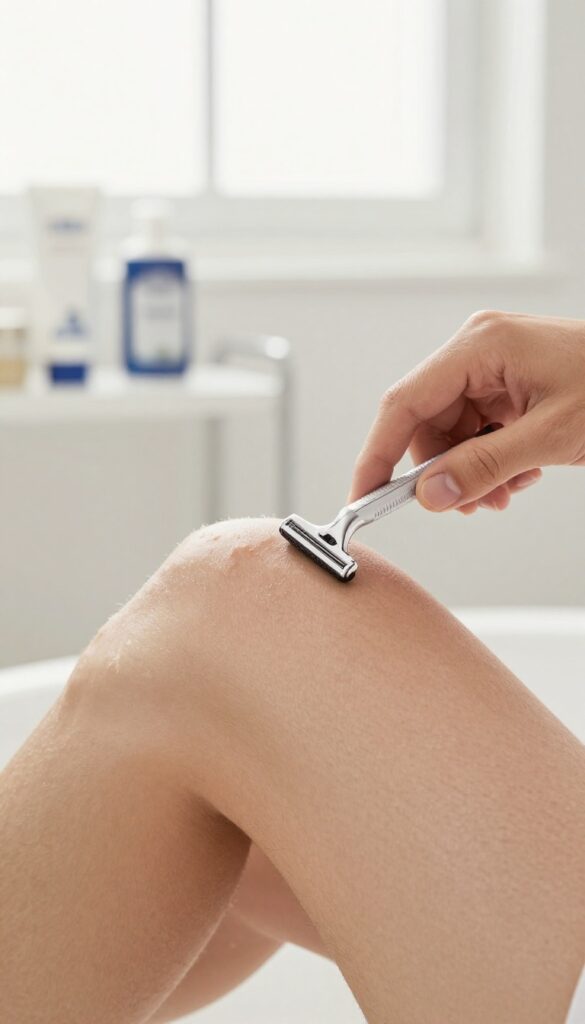 Man's smooth shaved leg with a razor nearby, highlighting the advice to avoid shaving the same spot twice.