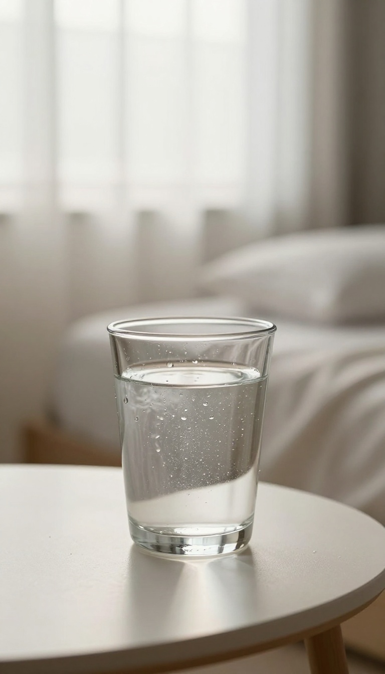 A glass of water on a bedside table in the morning, symbolizing hydration for skin glow