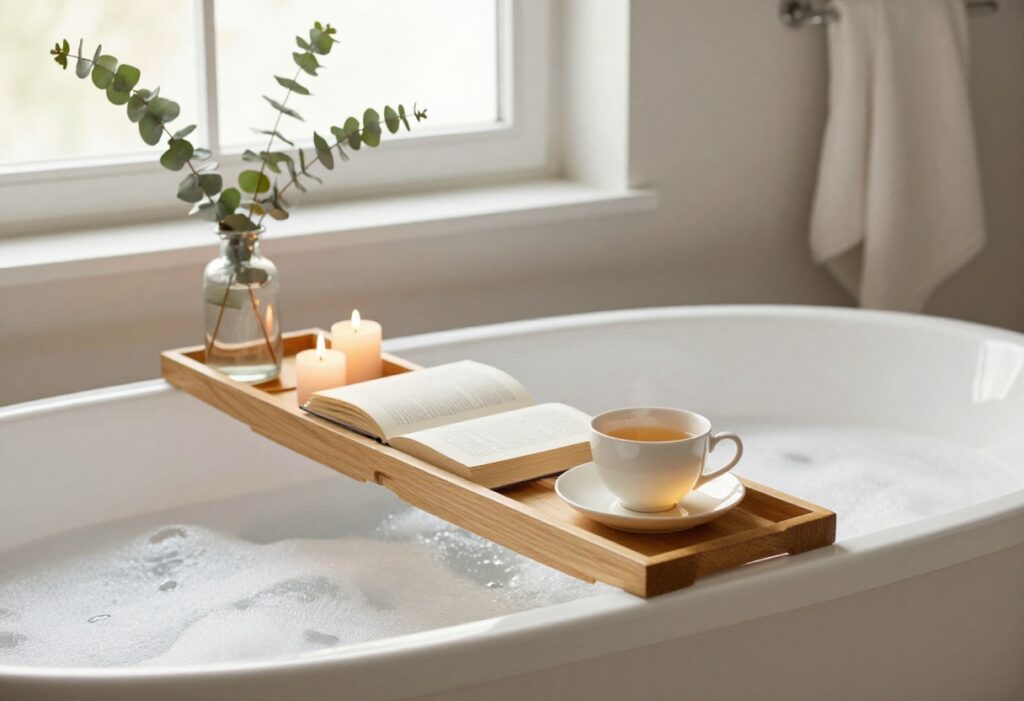 A relaxing bath setup with candles, a book, and a cup of tea on a wooden tray