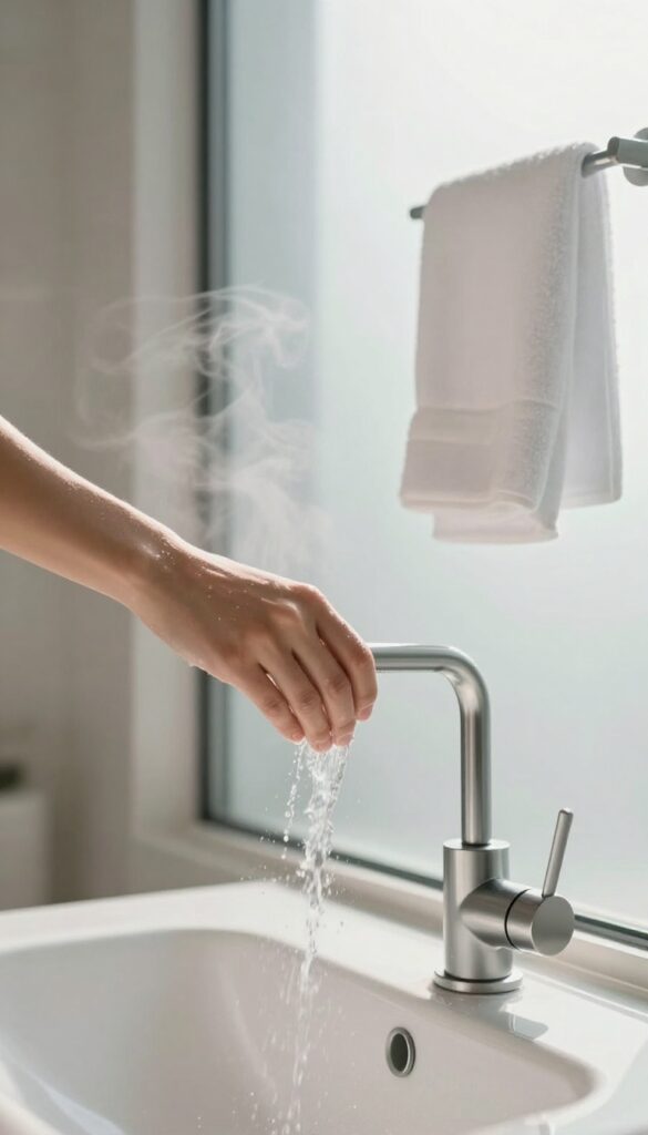 Person adjusting shower water to lukewarm temperature in a bright, modern bathroom
