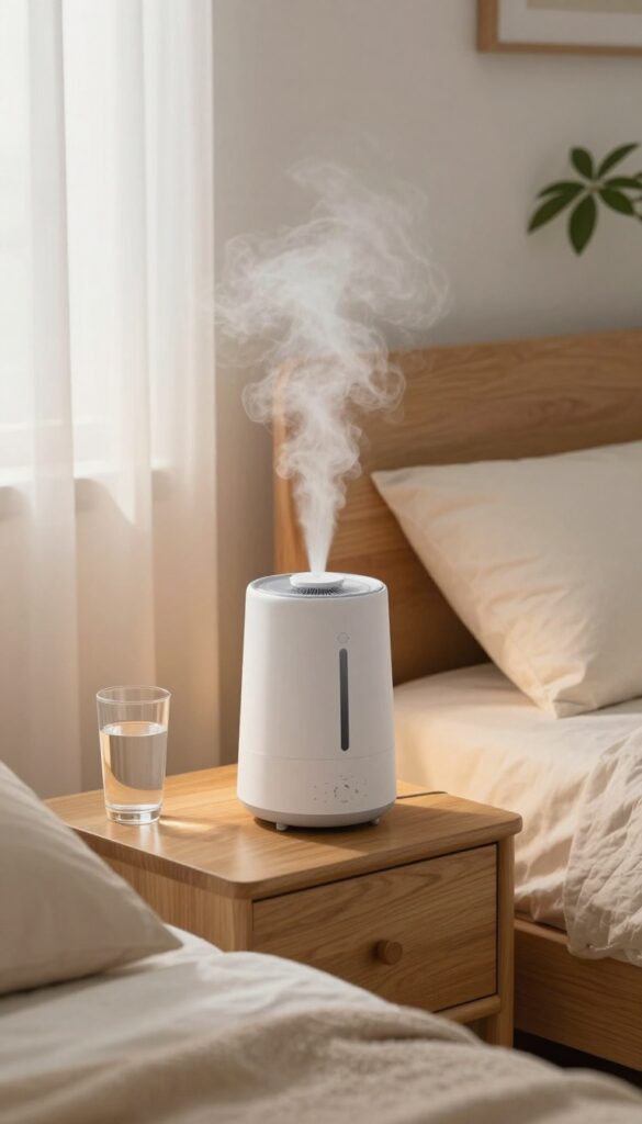 A modern humidifier on a nightstand in a cozy bedroom, emitting a gentle mist, with soft lighting and a calm, restful atmosphere.