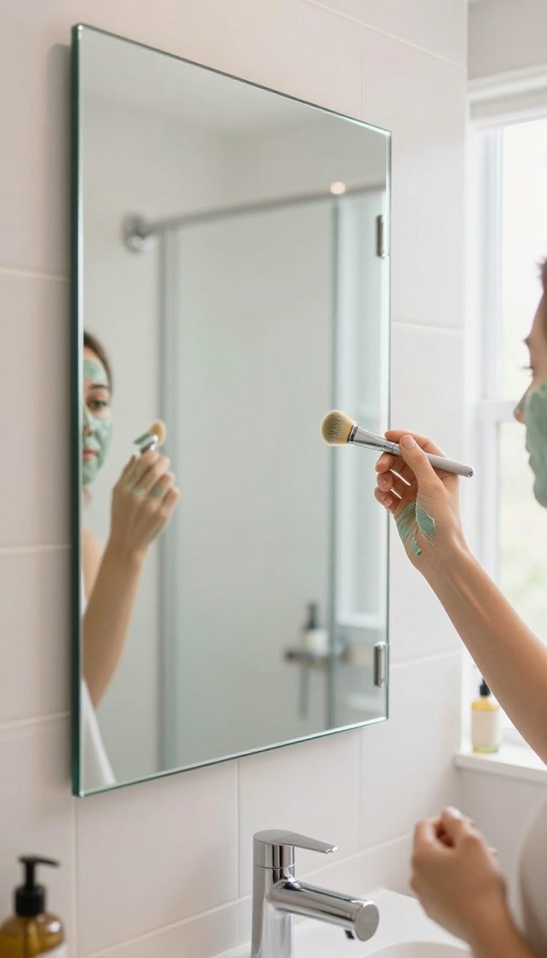 A fog-free shower mirror reflecting a hand applying a face mask in a bright, clean bathroom shower.