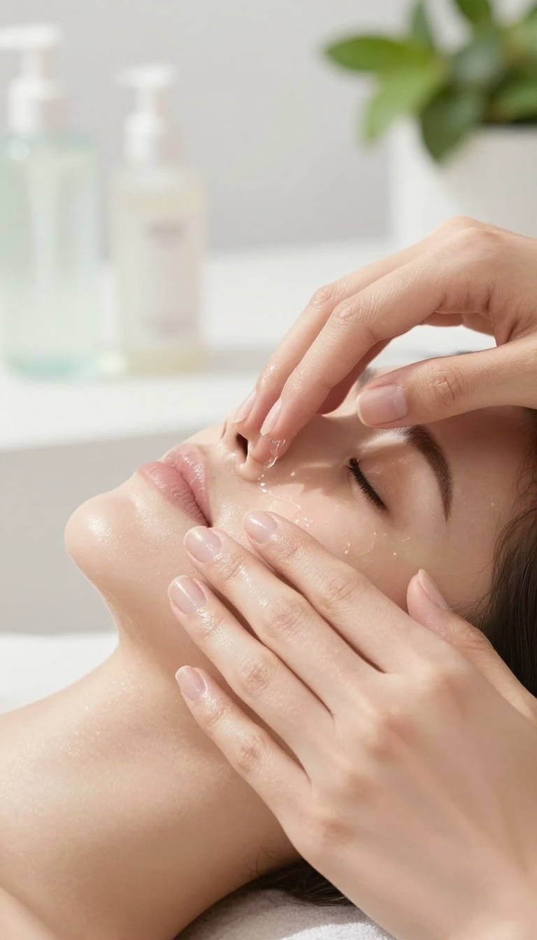Woman applying hydrating essence to her glowing skin with clean, bright bathroom setting.