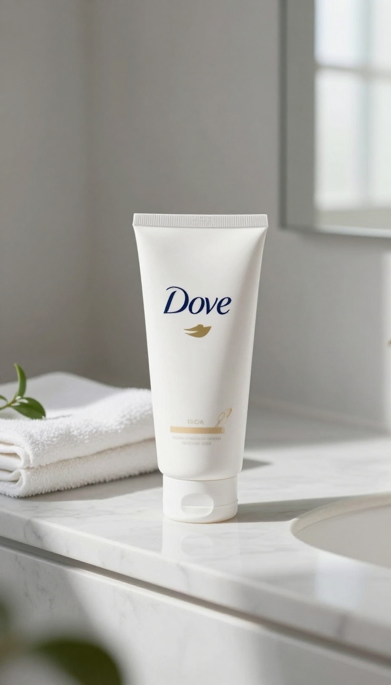 Dove sensitive skin body wash bottle on a marble countertop with a towel and plant in soft natural light