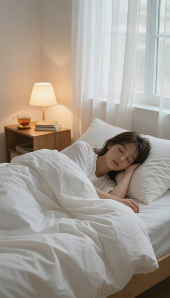 Woman sleeping peacefully in a cozy bedroom with soft lighting and a calm atmosphere