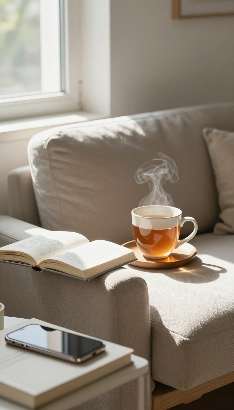 A cozy armchair with a book and tea, phone face-down, in a bright living room, symbolizing a digital detox hour.