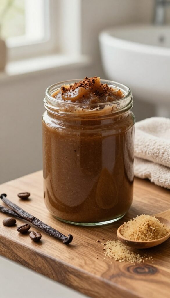 Overhead view of a vanilla and coffee body scrub in a glass jar with coffee beans and vanilla pod on a bathroom counter