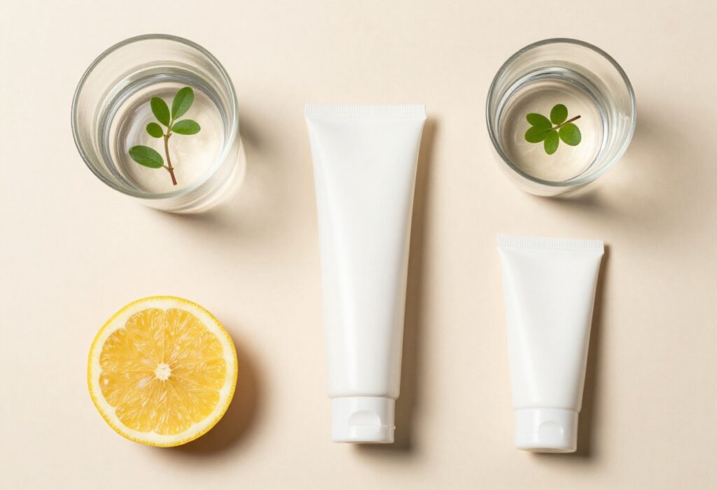Flat lay of skincare products and fresh ingredients for a natural glow up