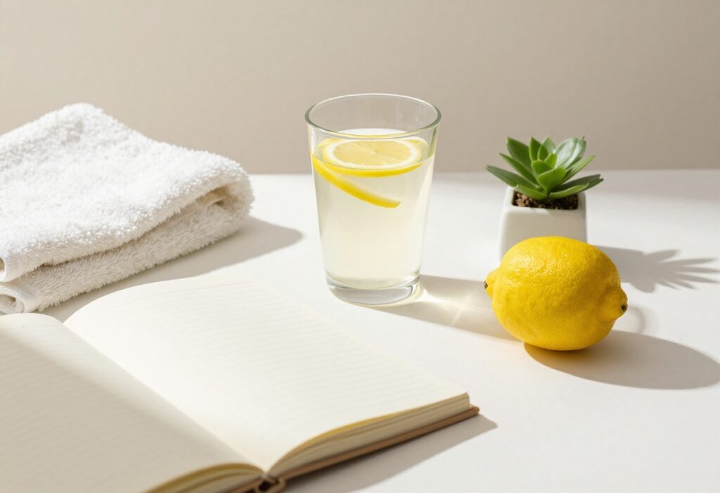 Morning glow up routine flat lay with lemon water, journal, and plant