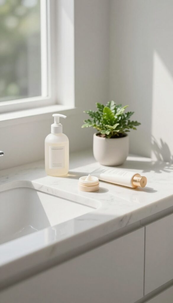 Minimal skincare routine with three products on a bright bathroom counter