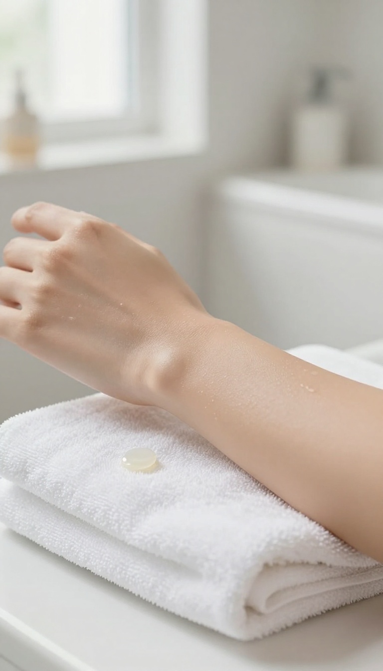 Smooth glowing skin on a woman's arm with a jar of body oil in a bright bathroom setting