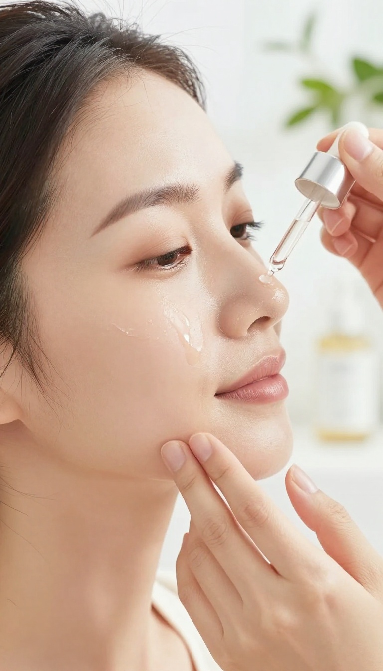 Woman applying chemical exfoliant serum to her cheek in a bright bathroom, representing smart exfoliation for smooth skin.