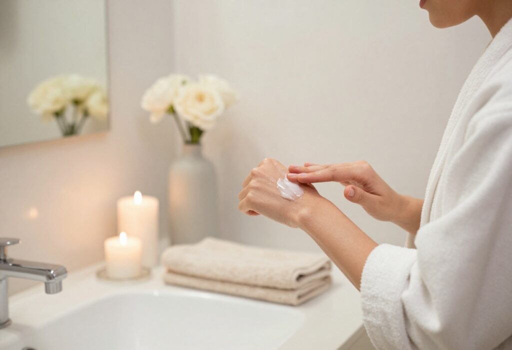 Person applying body lotion in a peaceful bathroom setting