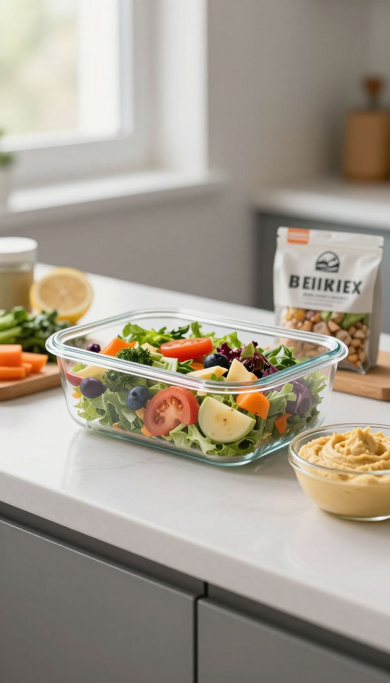 Prepped lunch containers with salad, hummus, and trail mix on a kitchen counter