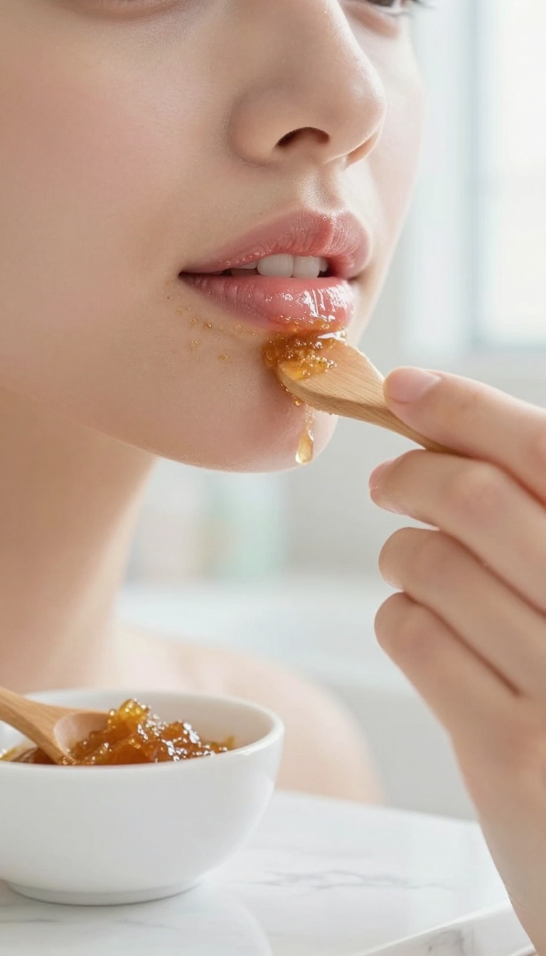 Woman exfoliating her lips with a sugar and honey scrub in bright natural light