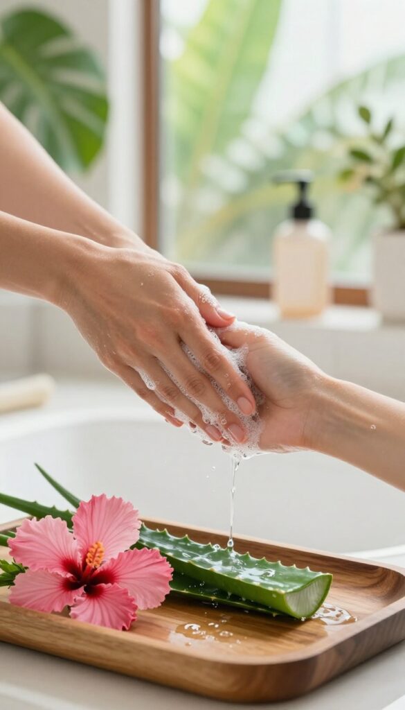 Woman applying natural shampoo to her scalp with aloe vera and hibiscus nearby