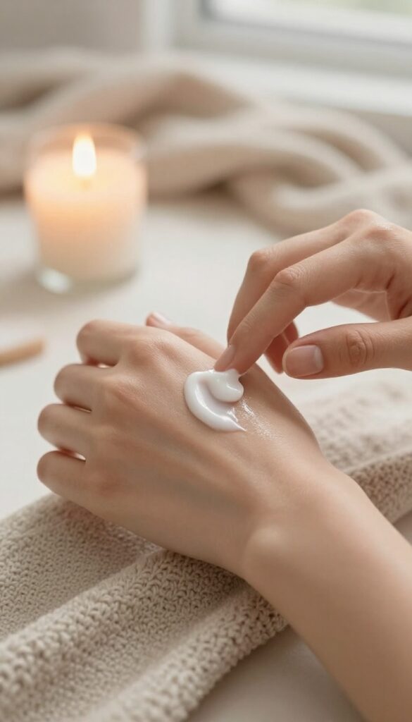 Hands applying rich moisturizer to skin in a cozy winter setting