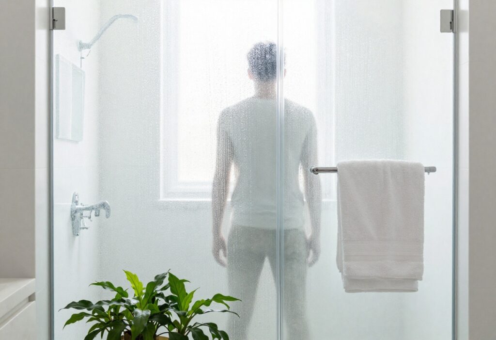 Person taking a refreshing shower in a clean, modern bathroom with natural light