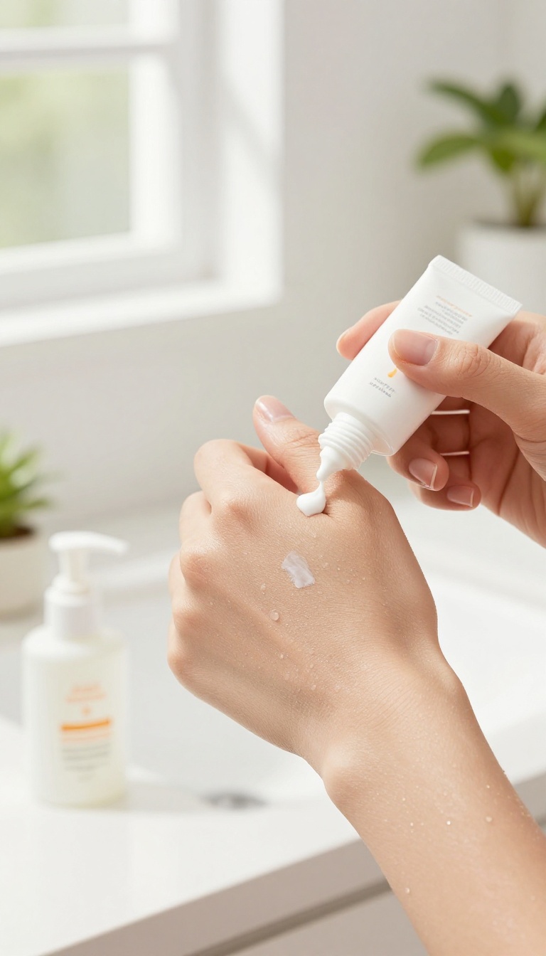 Hand applying sunscreen to cheek with SPF bottle nearby in bright bathroom setting