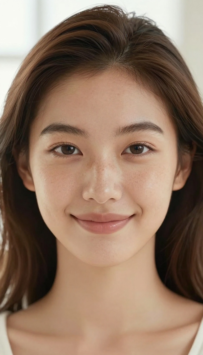 Woman with natural glowing skin and freckles smiling confidently in soft window light