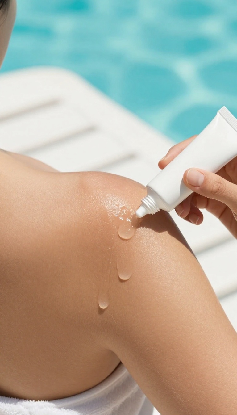 Woman applying soothing after-sun gel to her sun-kissed skin by a pool, with a clear gel texture and a bright, refreshing atmosphere.