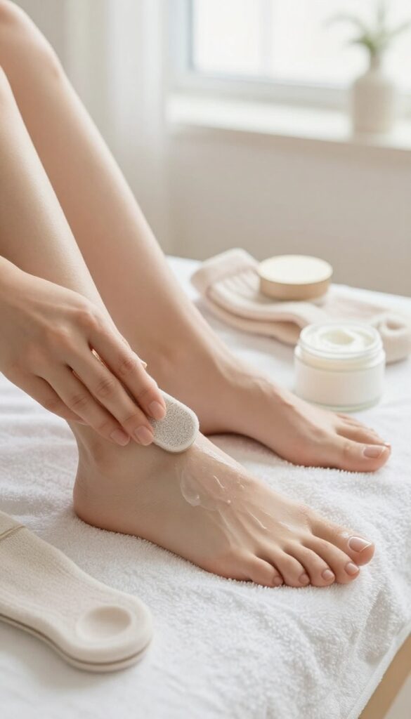 Woman treating her feet with a pumice stone and rich foot cream in a bright spa-like bathroom