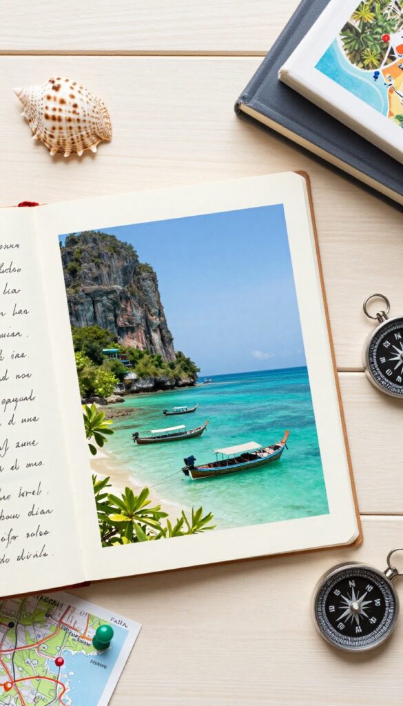 Vision board with a travel destination in Thailand and purposeful travel items