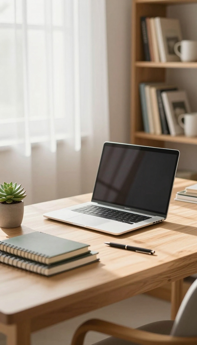 A clean and organized desk with a laptop, notebook, pen, and succulent in bright natural light