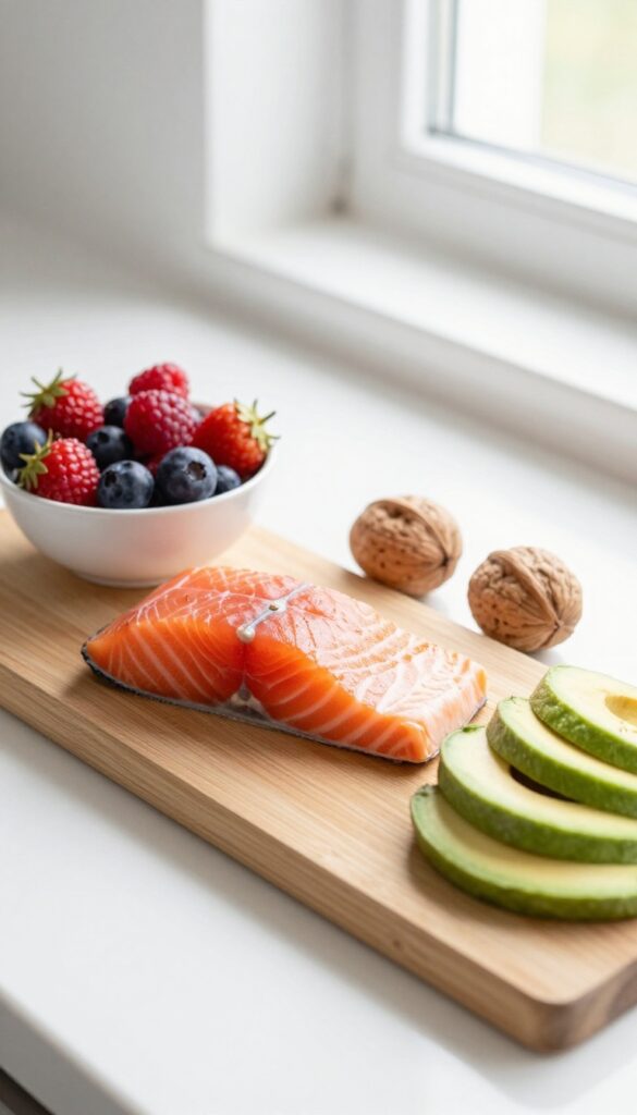 Fresh salmon, berries, walnuts, and avocado on a wooden board for skin-friendly foods