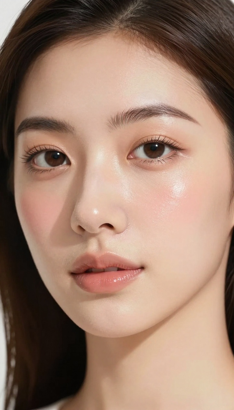 Woman with classic dewy skin makeup look, glowing complexion with natural makeup and highlighter
