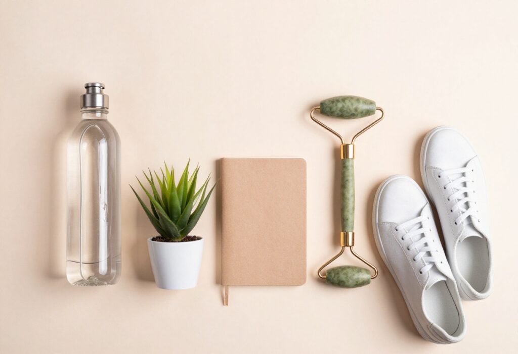 Flat lay of glow up essentials including water bottle, journal, plant, face roller, and sneakers