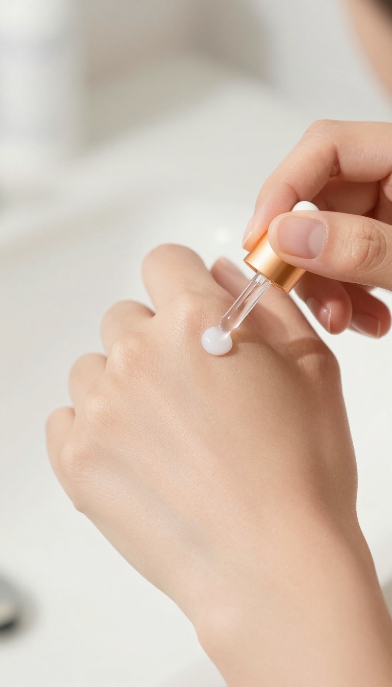 Woman mixing glow drops with moisturizer for a radiant makeup base