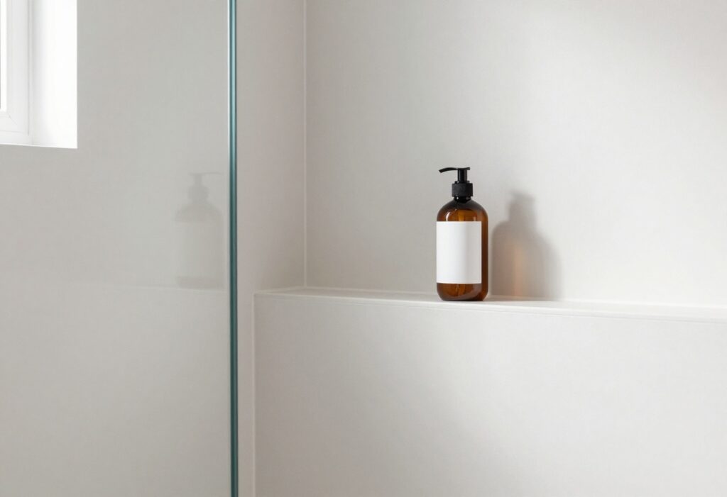 Clean shower with body wash and soft lighting, representing a fresh skincare routine