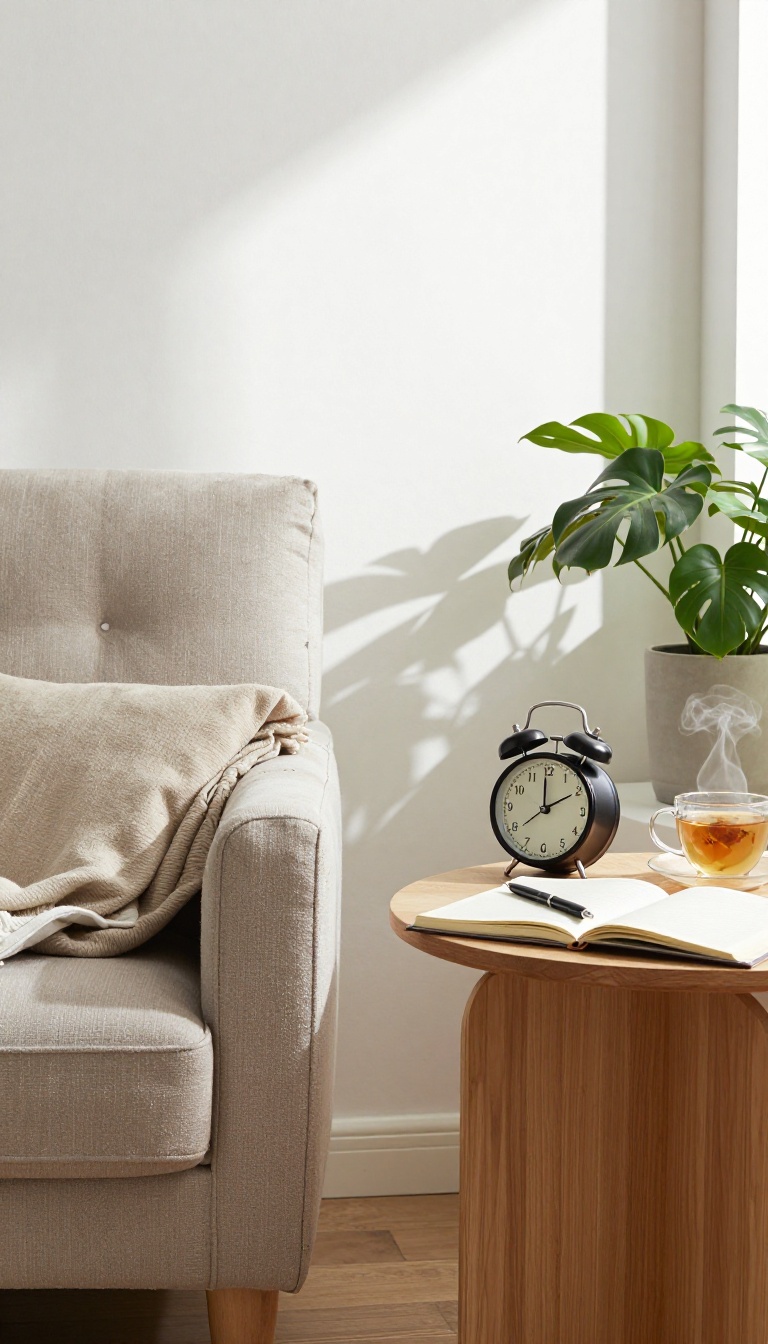 A cozy armchair with a journal, pen, and alarm clock on a side table, symbolizing scheduled worry time in a bright, peaceful room.