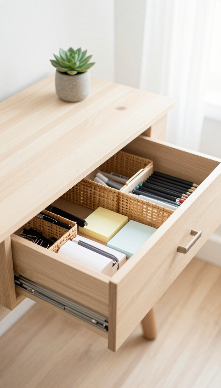 Overhead view of a neatly organized desk drawer with small baskets and a succulent, symbolizing decluttering a small space.